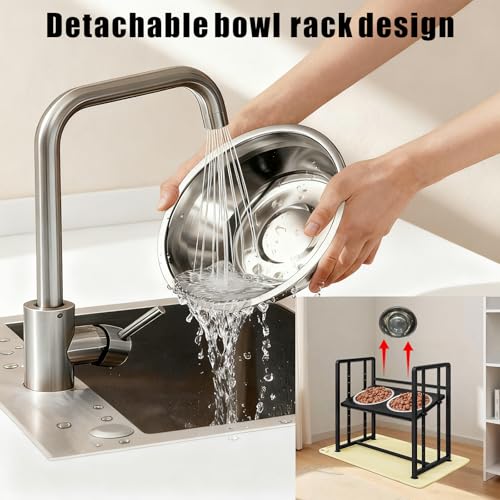 Elevated Dog Bowls 4 Height Adjustable Metal Pet Food Feeder Stand with 2 Stainless Steel Bowl Raised Dogs Feeding Station with Non-Slip Mats Black (Black, with Feeding Mat) - color: Black+Yellow-B, size: 17.91x11.02x17.05in