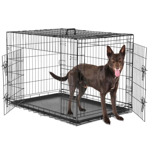 Dog Crate Kennel, 36 Inch Metal Pet Cage Double Door W/Divider Panel, Folding Travel Indoor Outdoor Dog Kennel Leak-Proof Plastic Tray Wire Animal Cage - size: 36.61"L x 22.64"W x 24.21"H