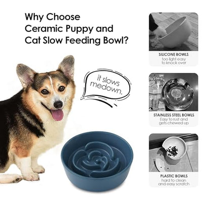 Ceramic Slow Feeder Dog Bowl for Small Dogs & Cats, 6 Inch Puzzle Pet Food Dish, Non-Slip Heavy Design, Helps Reduce Fast Eating, Bloating & Indigestion, Dishwasher Safe (Deep Ocean Blue) - color: Deep Ocean Blue