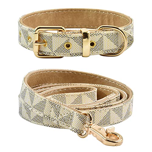 Leather Dog Collar and Leash Set, Check Pattern Dog Collar Leashes Metal Buckle Adjustable Durable for Small Medium Large Dogs (White, S(11.4-13.4IN)) - color: White, size: S(11.4-13.4IN)