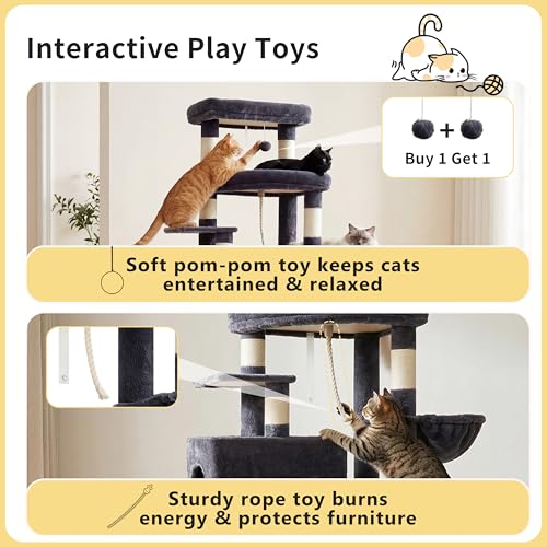 Heybly Cat Tree, 74-Inch Streamlined Cat Tower for Large Cats with 3-Tier Stacked Condos, Cat Furniture with Large Perch, Sturdy Base, Full Sisal Scratching Posts & Ramp, Smoky Gray HCT061G - color: Smoky Gray