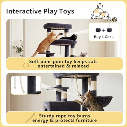 Heybly Cat Tree, 74-Inch Streamlined Cat Tower for Large Cats with 3-Tier Stacked Condos, Cat Furniture with Large Perch, Sturdy Base, Full Sisal Scratching Posts & Ramp, Smoky Gray HCT061G - color: Smoky Gray