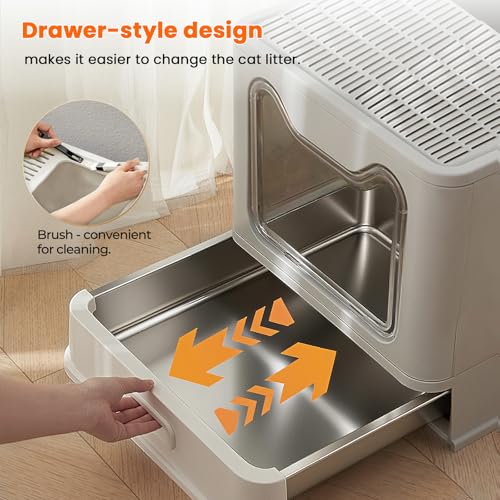 Stainless Steel Litter Box with Lid and Pull-Out Drawers, XL Metal Litter Box Top Entry for Big Cats, Leak-Proof Baffles for Easier Cleaning, with Litter Mat & Scoop - size: top entry