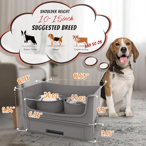 Elevated Dog Bowl Stand Set,Quiet Eating Mess Proof Raised Dog Bowls 2 Stainless Steel Pet Food Bowls,Splash Water Collection Non-Slip Medium Sized Feeding Table - color: Grey, size: Medium
