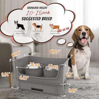 Elevated Dog Bowl Stand Set,Quiet Eating Mess Proof Raised Dog Bowls 2 Stainless Steel Pet Food Bowls,Splash Water Collection Non-Slip Medium Sized Feeding Table - color: Grey, size: Medium