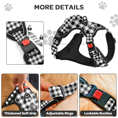 Plaid Dog Harness for Large Dogs, Reflective No Pull Adjustable Pet Vest with Front Clip, Leash, Easy Control Handle and Seat Belt, Beige&White, XL - color: Black & White, size: X-Large