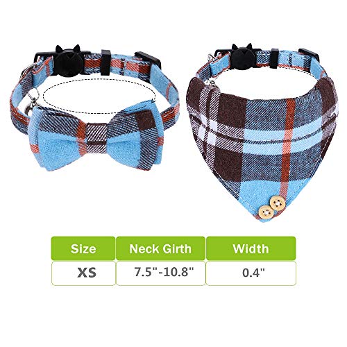 Faleela Breakaway Cat Collar with Bells - 2 Pack Cat Collar with Bells, Cat Collars with Bandana, Accessories for Pet Collars, Adjustable for Cats and Small Dogs - color: Blue bow+bandana