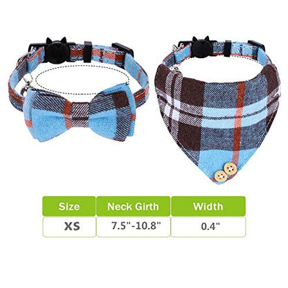 Faleela Breakaway Cat Collar with Bells - 2 Pack Cat Collar with Bells, Cat Collars with Bandana, Accessories for Pet Collars, Adjustable for Cats and Small Dogs - color: Blue bow+bandana