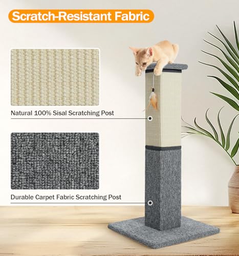 Made4Pets Cat Scratching Post, 32 Inch Natural Sisal & Carpet Covered Cat Scratcher with Kitten Toy, Dual-Material Tall Scratching Post for Indoor Cats Adults and Kittens, Beige - color: Grey-Sisal & Carpet