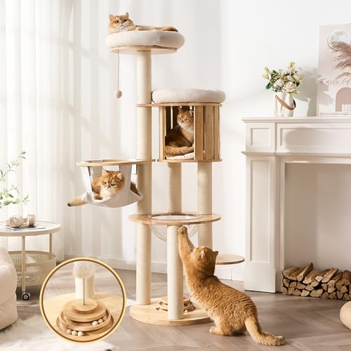 Modern Cat Tree Tower with Scratching Post, 61.5in Tall Cat Tree for Indoor Cats, Multi-Level Solid Wood Cat Furniture with Cozy Cat Beds, Condo, Hammock, Capsule Nest, Turntable Toy, Natural - color: 61.5"-V-Natural