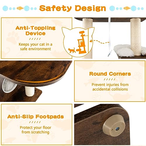 Tangkula Tall Cat Tree, 71-Inch Cat Tower with Multi-Layer Platform, Modern Wood Cat Tree with Sisal Scratching Posts, Self Groomer, Cat Condo, Washable Cushions for Large Cats 20 lbs Heavy Duty - color: Brown
