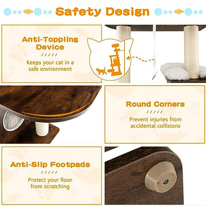 Tangkula Tall Cat Tree, 71-Inch Cat Tower with Multi-Layer Platform, Modern Wood Cat Tree with Sisal Scratching Posts, Self Groomer, Cat Condo, Washable Cushions for Large Cats 20 lbs Heavy Duty - color: Brown