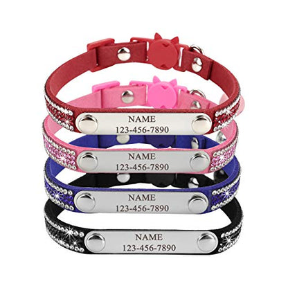 Mogoko Personalized Breakaway Cat Diamond Collar, Customized Bling Kitten Pet Collar with Engraved ID Name Plate and Bell（Pink） - color: Pink