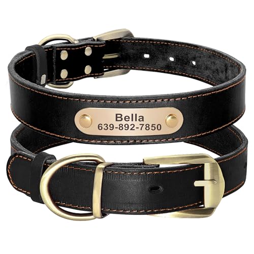 Didog Genuine Leather Dog Collars with Engraved Nameplate, Personalized Soft Leather Dog Collar with Custom ID Tag, Brown/Green/Red for Small Dogs (S,Black) - color: Black, size: S: Fit Neck 9-13"(8-14 lbs)