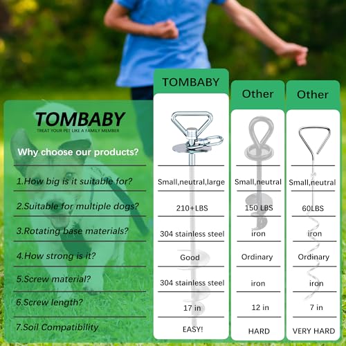 TOMBABY Dog Tie Out Cable and Stake,with 30FT Heavy Duty Cable,360° Swivel Dog Anchor& Anti-Tangle,Dog Runner for Yard,Dog Stake Allows Dogs Up to 210 lbs, Dog Stakes for Outside Beach,Camping, Yard - color: 17''silver+30FT
