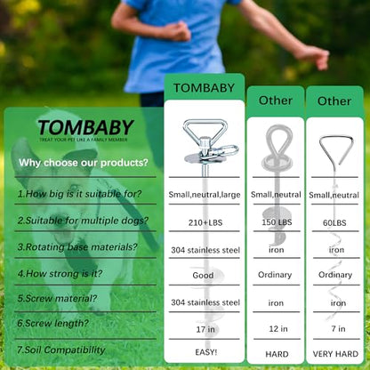 TOMBABY Dog Tie Out Cable and Stake,with 30FT Heavy Duty Cable,360° Swivel Dog Anchor& Anti-Tangle,Dog Runner for Yard,Dog Stake Allows Dogs Up to 210 lbs, Dog Stakes for Outside Beach,Camping, Yard - color: 17''silver+30FT