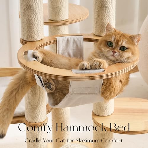 797Audio Modern Solid Wood Cat Tree Tower, 54" Tall Cat Tree with Scratching Posts, Capsule&Hammock, Luxury Natural Oak Wood Cat Tower, Aesthetic Multi-Level Cat Climbing Tree for Large Indoor Cats - color: 54 Inch-Scratch Ball