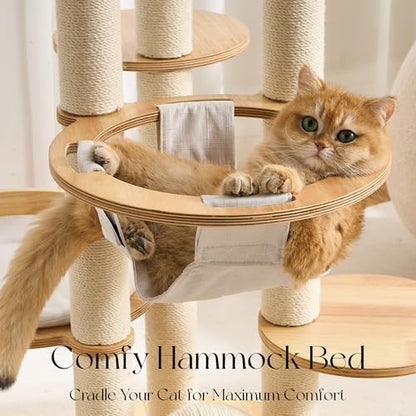 797Audio Modern Solid Wood Cat Tree Tower, 54" Tall Cat Tree with Scratching Posts, Capsule&Hammock, Luxury Natural Oak Wood Cat Tower, Aesthetic Multi-Level Cat Climbing Tree for Large Indoor Cats - color: 54 Inch-Scratch Ball