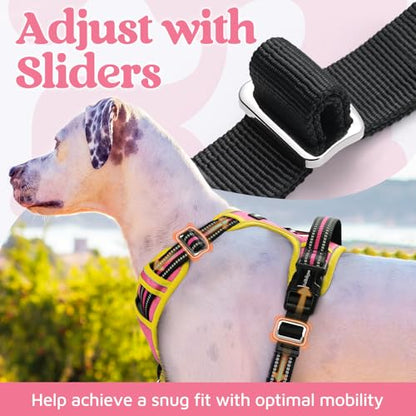 rabbitgoo Dog Harness Medium Sized, No Pull Dog Vest with 3 Buckles, Adjustable Soft Padded Pet Harness with Easy Control Handle and Reflective Strips, Pink & Yellow, M - color: Pink & Yellow, size: Medium