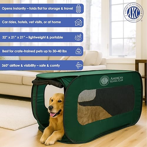 AKC 32-Inch Pop-Up Dog Kennel – Lightweight Travel Crate for Small Dogs – Foldable Indoor/Outdoor Pet Enclosure with Mesh Sides - color: Green