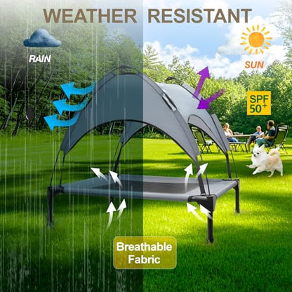 Outdoor Elevated Dog Bed with Canopy, Cooling Elevated Pet Cot with Removable Shade, Non-Slip Feet, Breathable Mesh for Small Dogs Camping