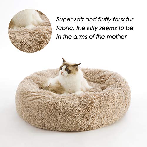 Calming Dog Bed & Cat Bed, Anti-Anxiety Donut Dog Cuddler Bed, Warming Cozy Soft Dog Round Bed, Fluffy Faux Fur Plush Dog Cat Cushion Bed for Small Medium Dogs and Cats (20"/24"/27"/30") - color: Brown, size: 27.0"L x 27.0"W x 8.0"Th