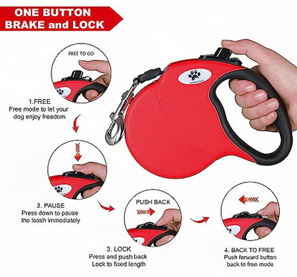 16 ft Retractable Dog Leash for Large Dogs up to 44 lbs,Tangle-Free Nylon Tape,Red M - color: red, size: Medium
