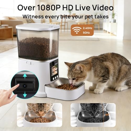 5L Automatic Cat Feeder with Camera, Two-Way Video 3MP HD & Audio, 5G WiFi Automatic Dog Feeder with Night Vision, Cat Food Dispenser with Dog Food Container for Multiple Pets (White, 5L) - color: White