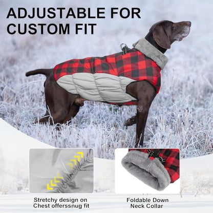 BEAUTYZOO Dog Winter Coat with Harness Built in, Reflective Plaid Puffer Vest Waterproof for Large Dogs, Fleece Warm Puppy Zipped Jacket with D Ring, Pet Cold Weather Sweater Clothes, Red L - color: Red Buffalo, size: Large