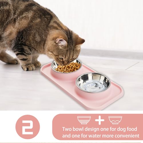 Double Dog Food Bowls with Mat,Stainless Steel Dog Bowls with No Spill Non Skid Silicone Mat Removable Cats Water and Food Bowl Set for Puppy Cats Kitten Small Medium Dogs(Pink) - color: 【Pink】
