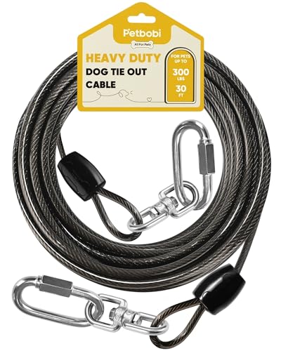Petbobi Heavy-Duty Dog Tie-Out Cable - 30FT Extra Strong Wire Cable for Large Pets Up to 300Lbs, Rust Proof Dogs Leash with Carabiners and 360° Swivel, Pet Leads for Yard Camping Outside, Black - color: Black, size: 30FT