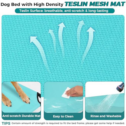 Windproof Elevated Dog Bed with Canopy & Stakes, 3-Sided 90% UV Block, Chew-Proof Teslin Mesh Mat for Large Dogs up to 150lbs(Blue Large) - color: Blue, size: Large