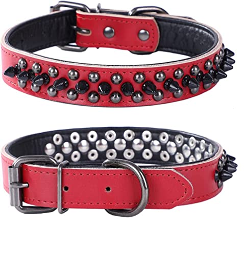 Spiked Studded Dog Collar, Genuine Leather Dog Collar, Adjustable Pet Collars for Small or Medium Pet (S, Red) - color: Red, size: S