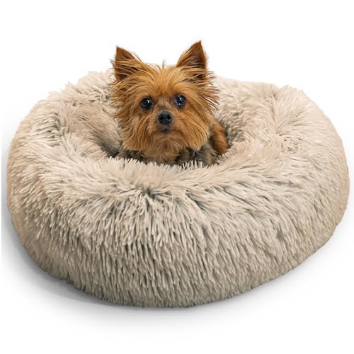 Best Friends by Sheri The Original Calming Donut Dog Bed for Extra-Small Dogs up to 10 lbs, Shag Faux Fur, Taupe, 18" x 18" - color: Taupe Shag, size: X-Small