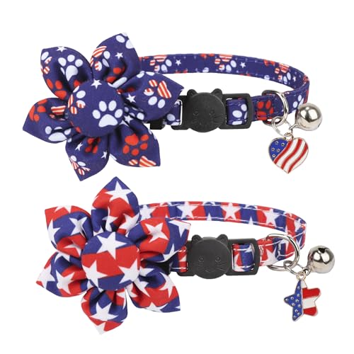 ADOGGYGO American Flag Cat Collars with Removable Flower Bell, Adjustable Red Blue 4th of July Flag Pattern Floral Collars for Cats Kittens - color: 4th of July