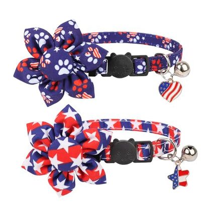 ADOGGYGO American Flag Cat Collars with Removable Flower Bell, Adjustable Red Blue 4th of July Flag Pattern Floral Collars for Cats Kittens - color: 4th of July