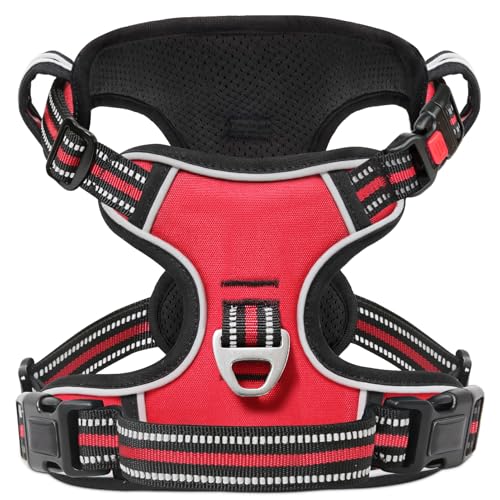 Dog Harness Small Sized, No Pull with Neck Lockable Snap,No Choke Front Clip Dog Reflective Harness,Adjustable Metal Rings 3 Buckles,Easy Control Handle for Small Dogs Red S - color: Lock Red, size: Small (Pack of 1)