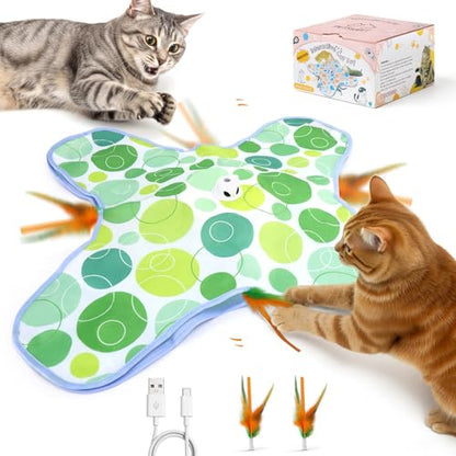 Interactive Cat Toys for Indoor Cats, Hide and Seek Cat Toy, 2 in 1 Automatic Moving Concealed Feathers Cat Toy Mat, Non-Slip Suction, Touch Activated, USB Rechargeable, Green - color: Green