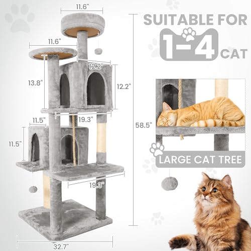 58.5inch Large Cat Tree Tower Condo for Indoor Cats, Soft Plush Multi-Level Climbing Tree Cat House, Scratching Post, More Entrance/Exit, Sisal Rope, Light Grey - color: Light Grey