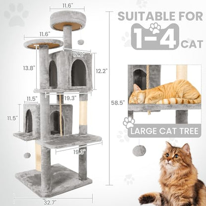 58.5inch Large Cat Tree Tower Condo for Indoor Cats, Soft Plush Multi-Level Climbing Tree Cat House, Scratching Post, More Entrance/Exit, Sisal Rope, Light Grey - color: Light Grey