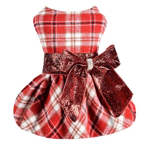 Red Dog Dress Dog Sweater - Christmas Doggy Clothes for Small Dogs - Puppy Sweater Dress Princess Plaid Dress - Pet Outfit Holiday Festival Puppies Apparel Wedding Birthday Winter Clothing, XXS, Red - color: Red Plaid, size: XX-Small (Chest 11in )