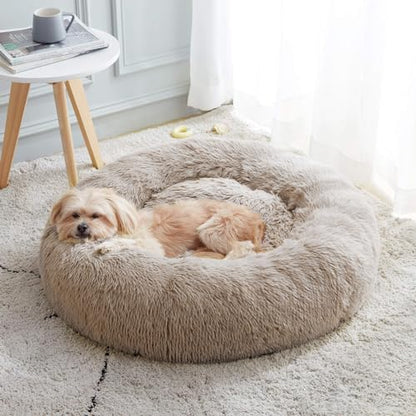 Calming Dog Bed & Cat Bed, Anti-Anxiety Donut Cuddler Warming Cozy Soft Round Bed, Fluffy Faux Fur Plush Cushion Bed for Small Medium Dogs and Cats (20"/24"/27"/30") - color: Brown, size: 24.0"L x 24.0"W x 7.0"Th