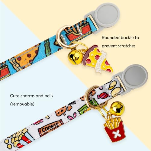Faygarsle 2 Pack Breakaway Cat Collar with Bells for Female Malel Cats Cute Blue White Collar with Pizza Fries Charm for Cats - color: Blue&White