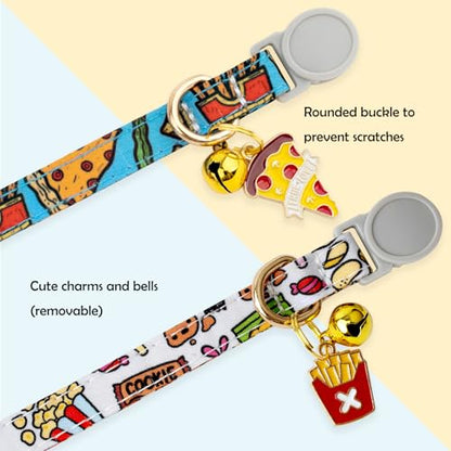 Faygarsle 2 Pack Breakaway Cat Collar with Bells for Female Malel Cats Cute Blue White Collar with Pizza Fries Charm for Cats - color: Blue&White