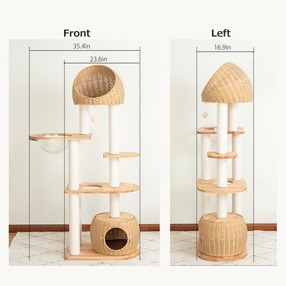 Wood Cat Tree for Large Cat, 60-Inch Tall Cat Tower with Scratching Post for Indoor Cats, Multi-Level Cat Condo with Hand-Woven Cat Bed and Acrylic Bowl Easy to Clean (Brown-81004S) - color: Nature 81004