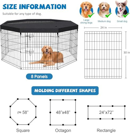 Pet Playpen Dog Pen Foldable Dog Exercise Fence 8 Panels 30 Inch Kennels Pet Playpen Options Ideal for Pet Medium Animals Outdoor Indoor (Playpen with Top Cover) - style: 24'' x 30'' with Top cover
