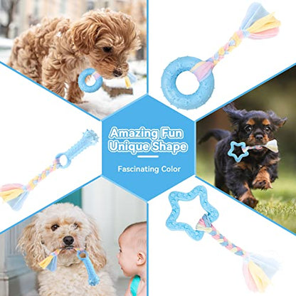 Petcare 6 Pack Puppy Chew Toys - Blue, Soft Rubber Rope & Bone Ball Teething Toys for Small Dogs & Puppies, Including Yorkie - color: Blue