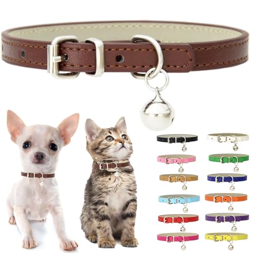 Brown XS Dog Collar with Bell, Soft Pu Leather Cat Collars Adjustable Buckle for XXS Extra Small Medium Tiny Female Male Boys Girls Pets Puppy Kitten Teacup Yorkie X-Small - color: Brown, size: XS for Neck 8"-10.5"