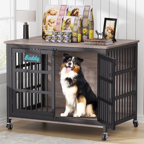 EasyCom 42"/41"/33" XL Dog Crate Furniture with Casters, Heavy Duty Dog Kennel Indoor for Large and Medium Dogs, Double-Doors Sturdy Dog Cage for Anxiety Dog, Decorate House as TV Stand, Bedside Table - color: Grey, size: 42.1"L x 29.3"W x 31.2"H