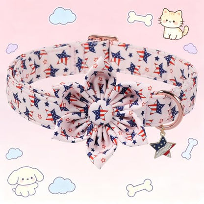4th of July Independence Day Dog Collars with Flower, Pink Blue American Flag Star Dog Collar, DOGWONG Pink Girl American Flag Dog Collars for Small Dogs,S - color: B:Star Flag, size: S